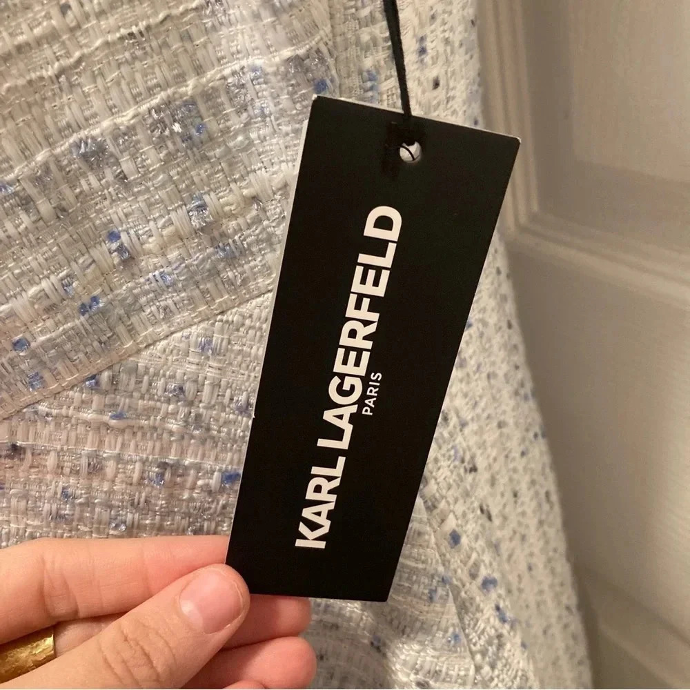 Karl Lagerfeld Women's Blue/White Sleeveless Tweed Size 12 Dress NWT - Picture 12 of 16